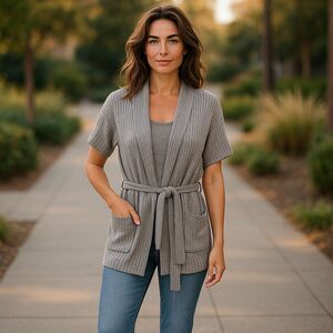 Barefoot Dreams Cardigan Women’s XS Taupe Short Sleeve Tie Belt Leisure Wear